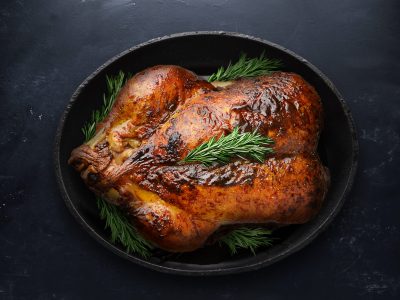 Roasted Chicken or Thanksgiving Turkey in Black Pot